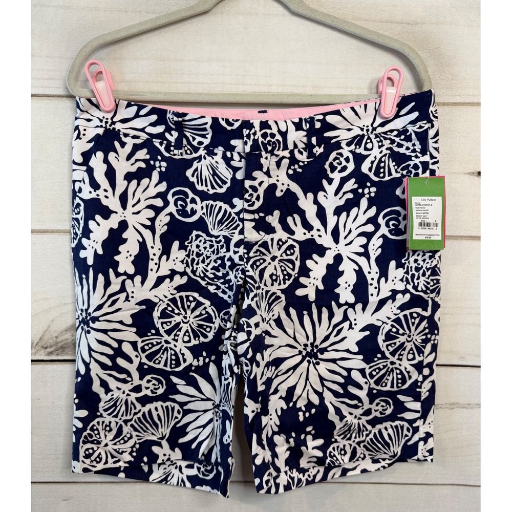 Lilly Pulitzer Avenue Short 8 Bright Navy In The Groove Coral Shells NWT Summer